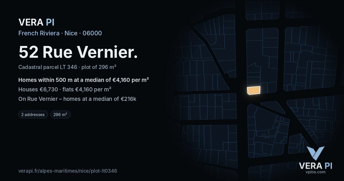 52 Rue Vernier, Nice at night – the plot lit, the parcels around coloured by the prices near them