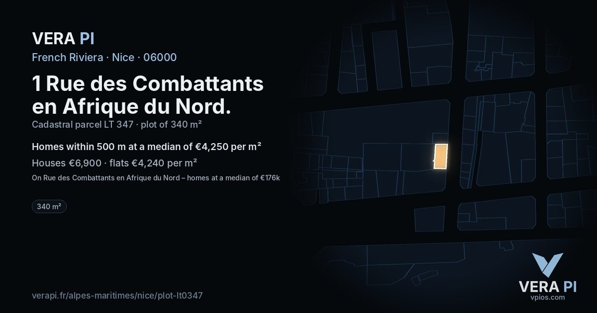1 Rue des Combattants en Afrique du Nord, Nice at night – the plot lit, the parcels around coloured by the prices near them