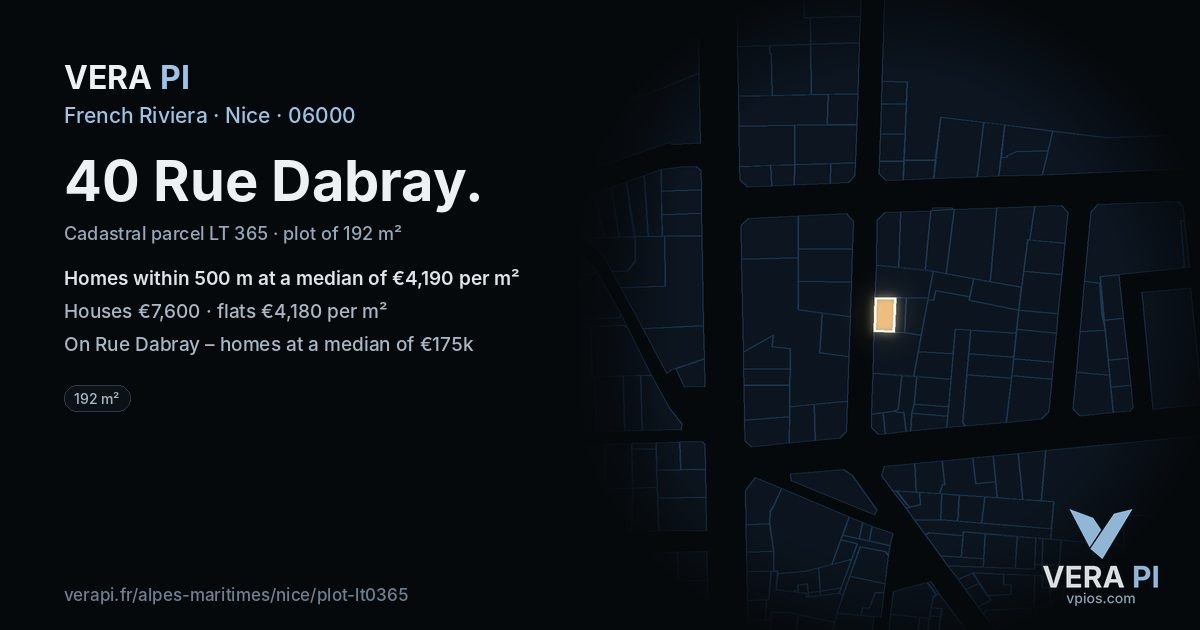 40 Rue Dabray, Nice at night – the plot lit, the parcels around coloured by the prices near them