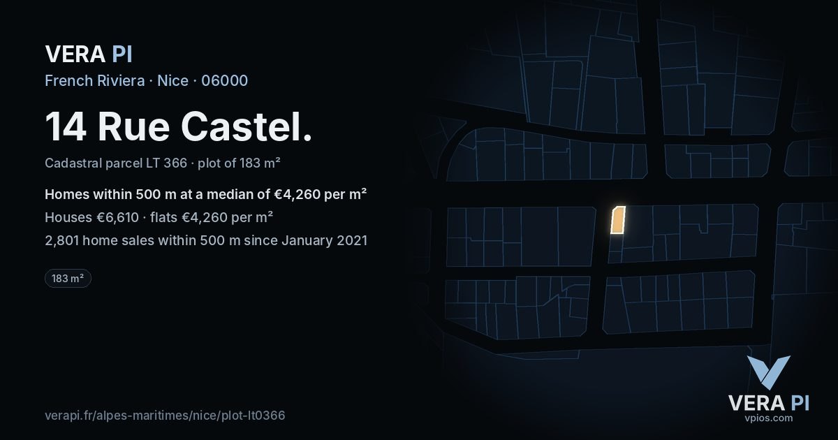 14 Rue Castel, Nice at night – the plot lit, the parcels around coloured by the prices near them