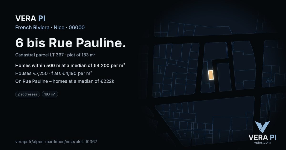 6 bis Rue Pauline, Nice at night – the plot lit, the parcels around coloured by the prices near them