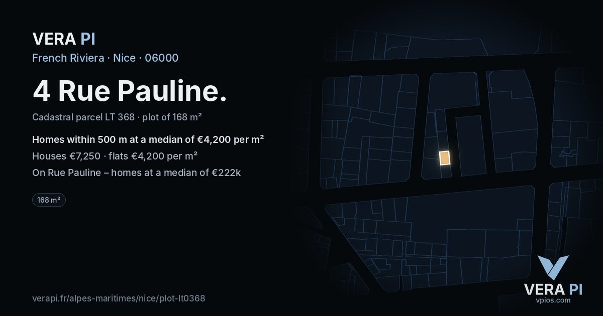 4 Rue Pauline, Nice at night – the plot lit, the parcels around coloured by the prices near them