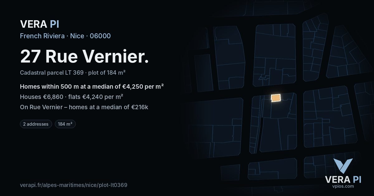 27 Rue Vernier, Nice at night – the plot lit, the parcels around coloured by the prices near them