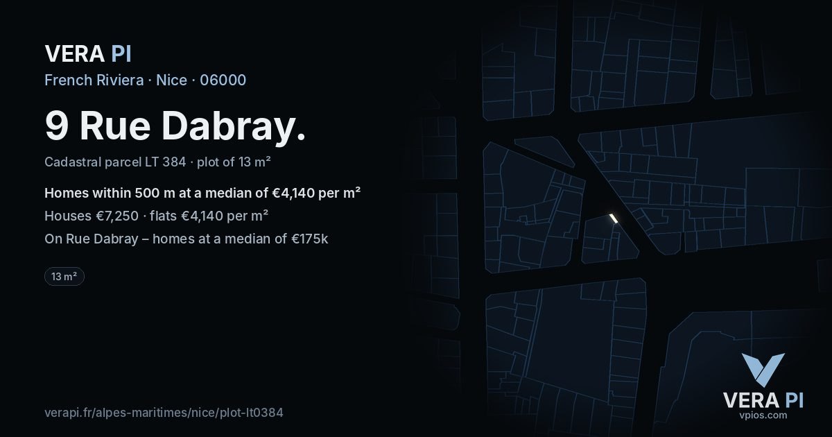 9 Rue Dabray, Nice at night – the plot lit, the parcels around coloured by the prices near them