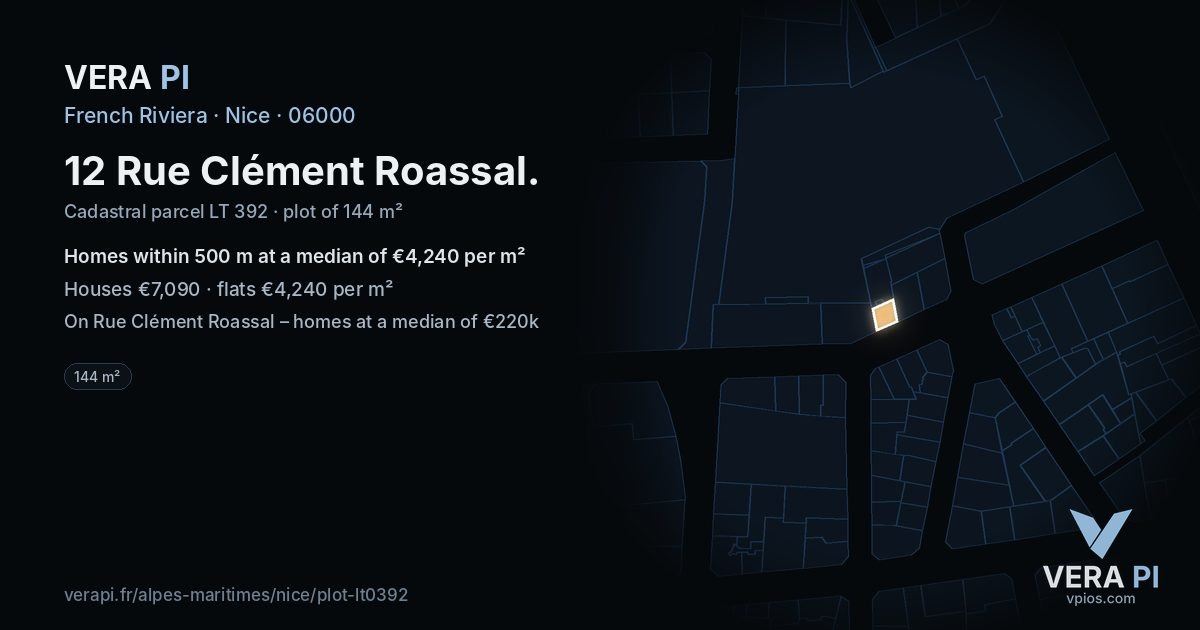 12 Rue Clément Roassal, Nice at night – the plot lit, the parcels around coloured by the prices near them