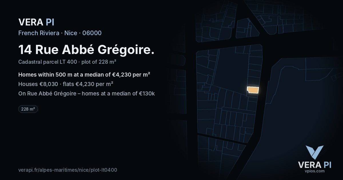 14 Rue Abbé Grégoire, Nice at night – the plot lit, the parcels around coloured by the prices near them