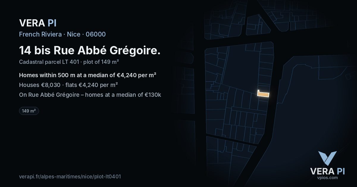 14 bis Rue Abbé Grégoire, Nice at night – the plot lit, the parcels around coloured by the prices near them