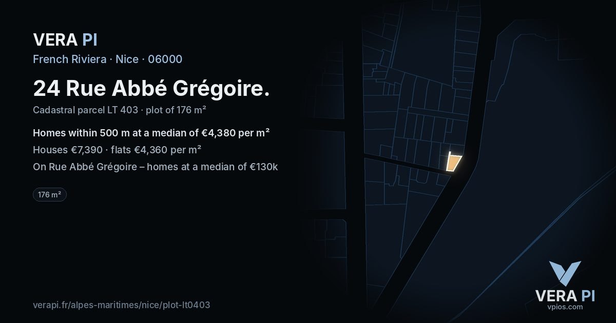 24 Rue Abbé Grégoire, Nice at night – the plot lit, the parcels around coloured by the prices near them