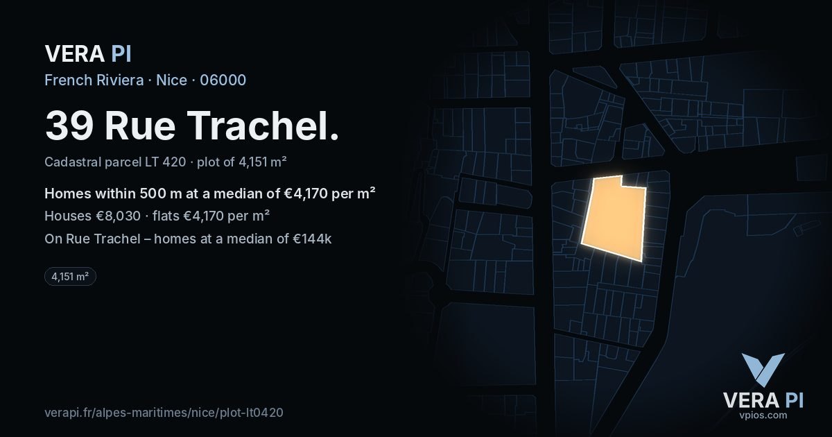 39 Rue Trachel, Nice at night – the plot lit, the parcels around coloured by the prices near them