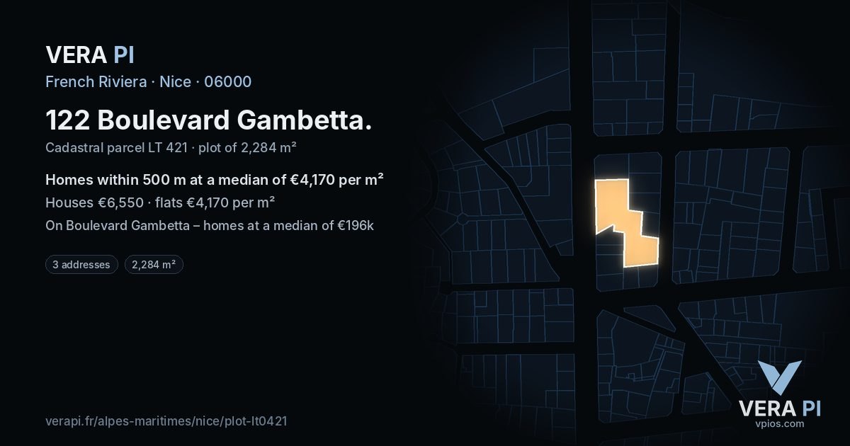 122 Boulevard Gambetta, Nice at night – the plot lit, the parcels around coloured by the prices near them