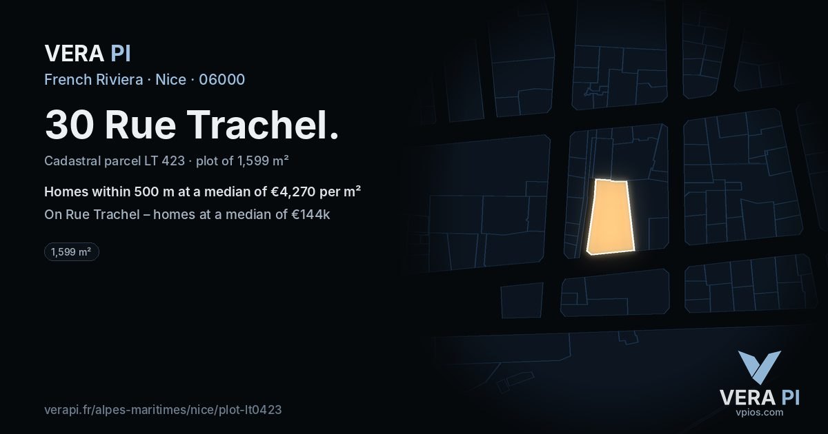 30 Rue Trachel, Nice at night – the plot lit, the parcels around coloured by the prices near them