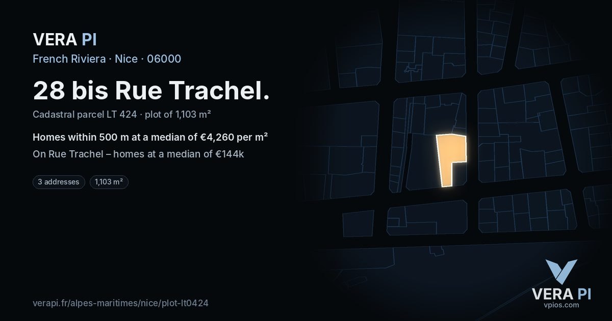 28 bis Rue Trachel, Nice at night – the plot lit, the parcels around coloured by the prices near them
