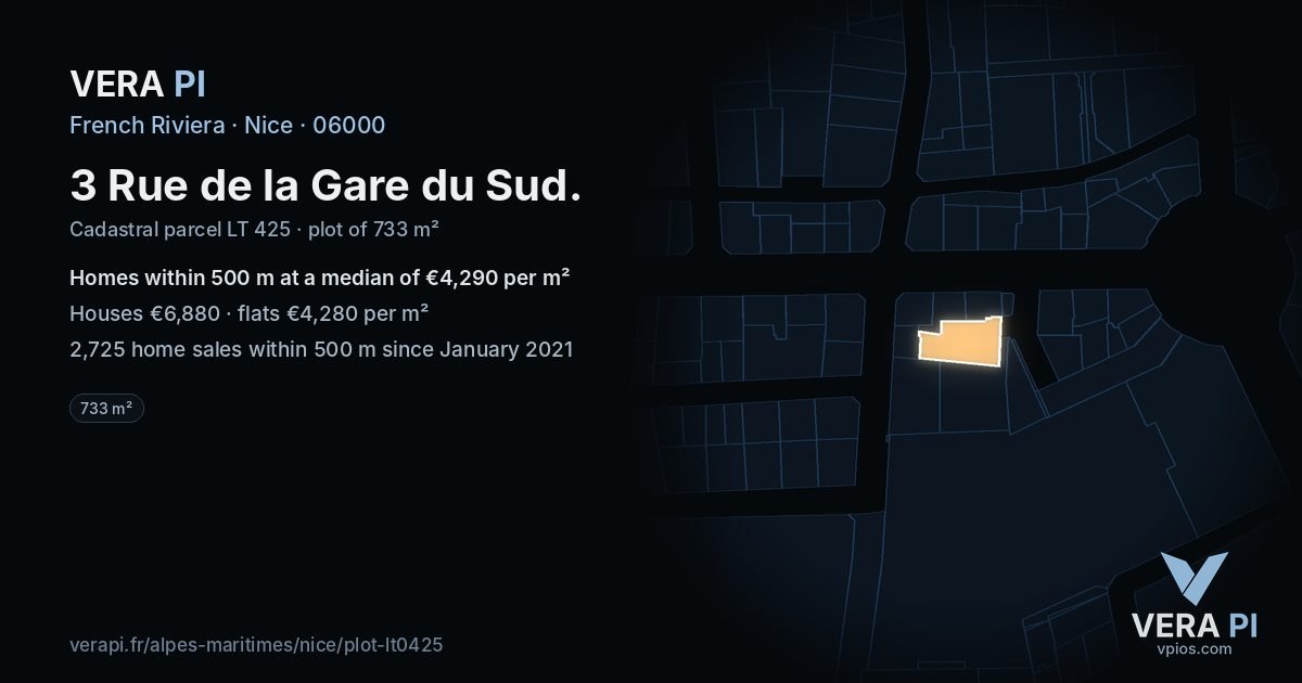 3 Rue de la Gare du Sud, Nice at night – the plot lit, the parcels around coloured by the prices near them