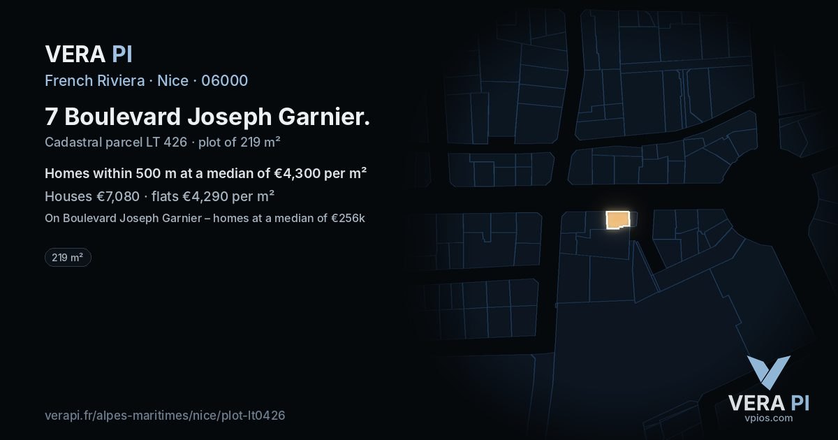 7 Boulevard Joseph Garnier, Nice at night – the plot lit, the parcels around coloured by the prices near them