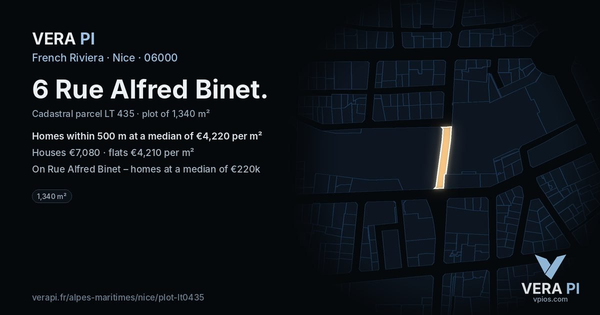 6 Rue Alfred Binet, Nice at night – the plot lit, the parcels around coloured by the prices near them