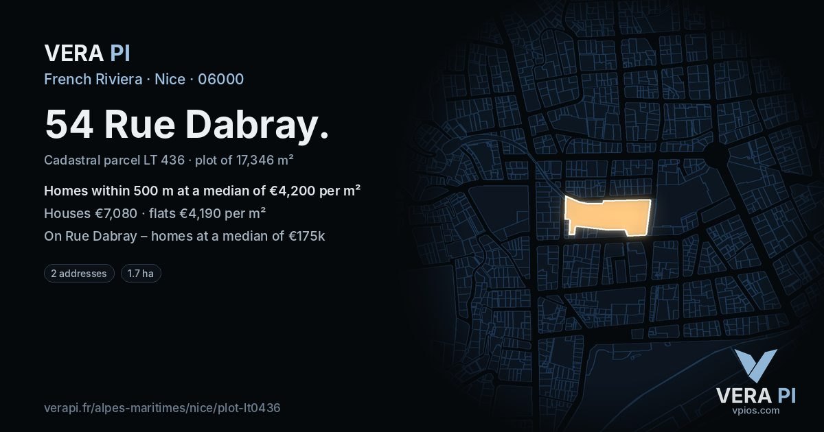 54 Rue Dabray, Nice at night – the plot lit, the parcels around coloured by the prices near them