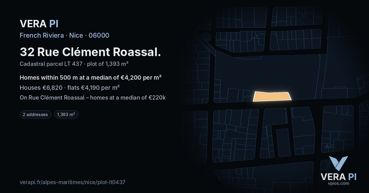 32 Rue Clément Roassal, Nice at night – the plot lit, the parcels around coloured by the prices near them