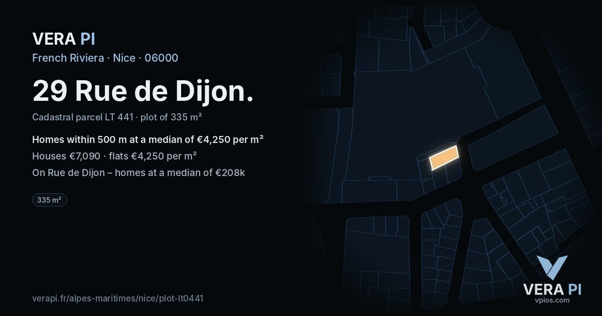29 Rue de Dijon, Nice at night – the plot lit, the parcels around coloured by the prices near them