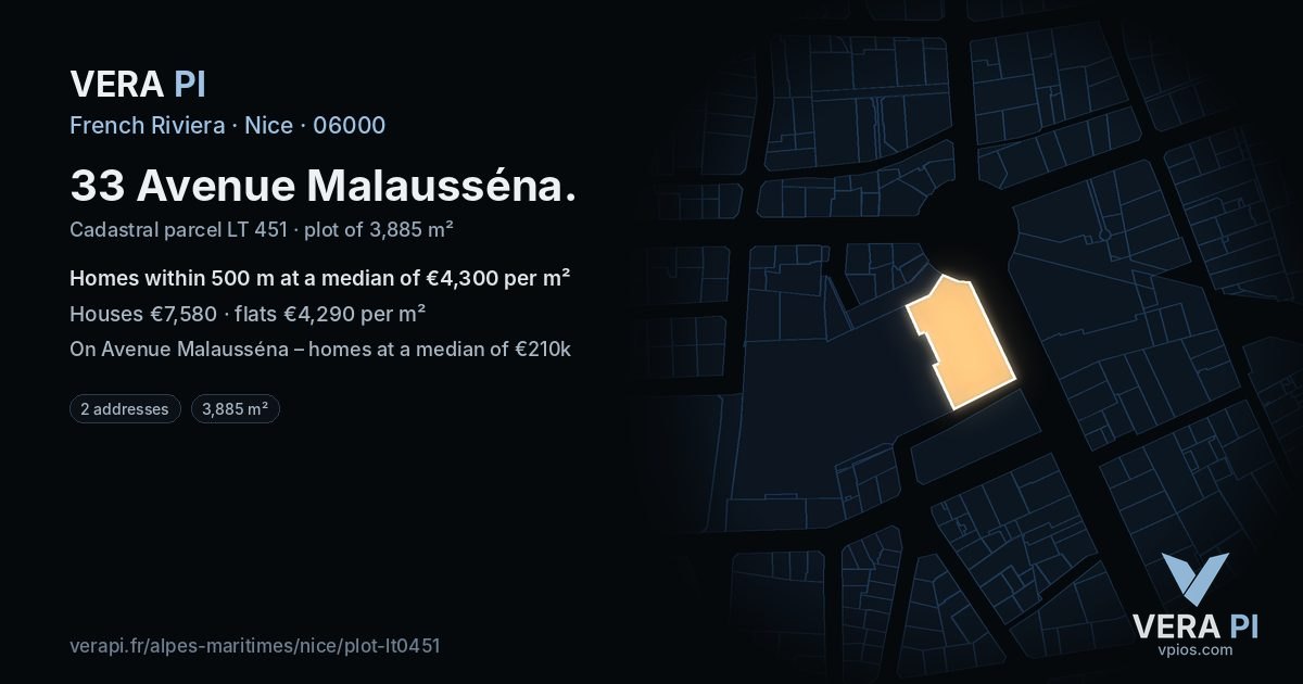 33 Avenue Malausséna, Nice at night – the plot lit, the parcels around coloured by the prices near them