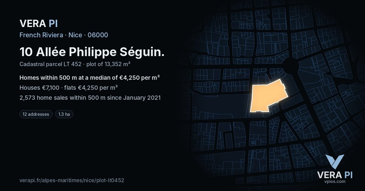 10 Allée Philippe Séguin, Nice at night – the plot lit, the parcels around coloured by the prices near them