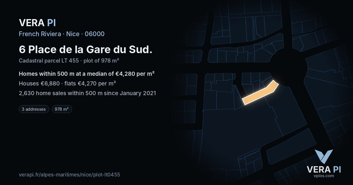 6 Place de la Gare du Sud, Nice at night – the plot lit, the parcels around coloured by the prices near them