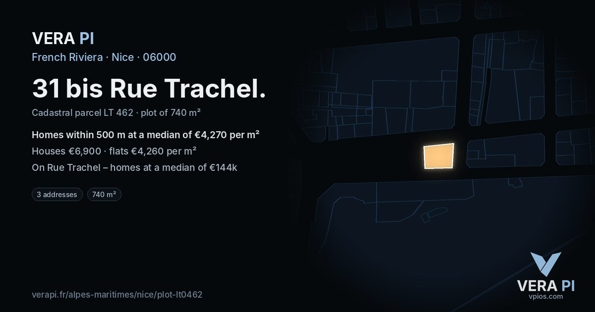 31 bis Rue Trachel, Nice at night – the plot lit, the parcels around coloured by the prices near them