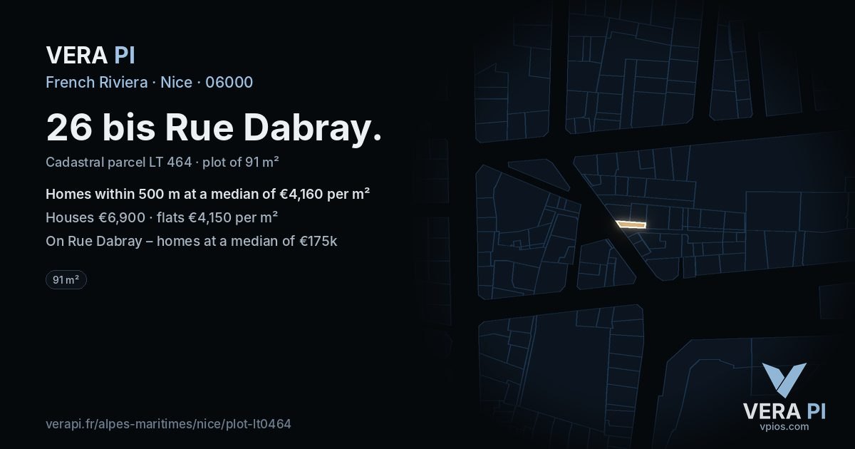 26 bis Rue Dabray, Nice at night – the plot lit, the parcels around coloured by the prices near them