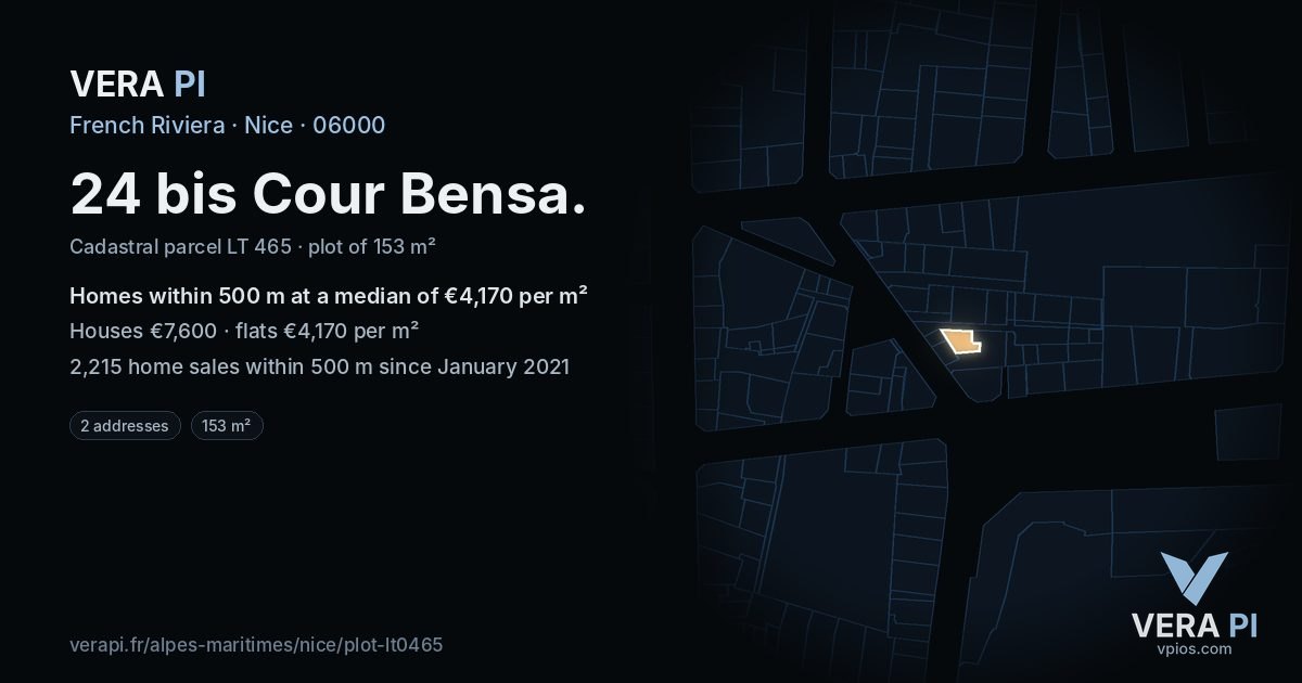 24 bis Cour Bensa, Nice at night – the plot lit, the parcels around coloured by the prices near them