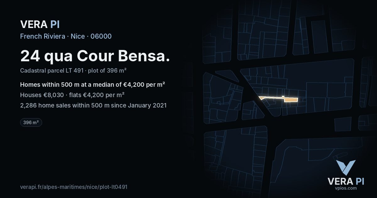 24 qua Cour Bensa, Nice at night – the plot lit, the parcels around coloured by the prices near them