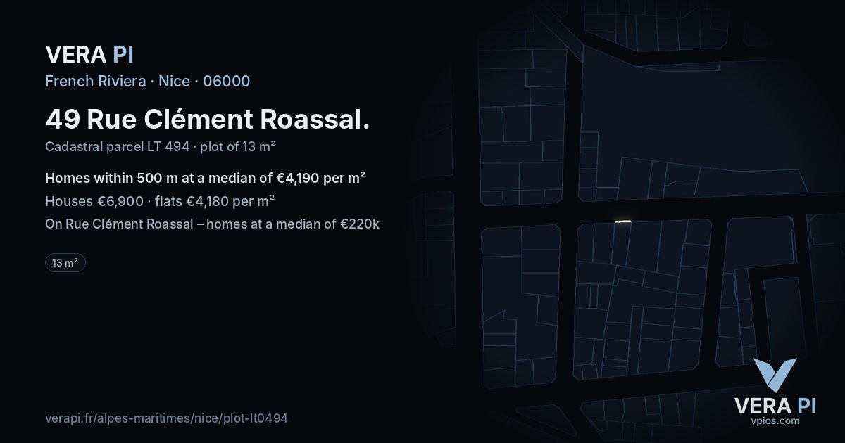 49 Rue Clément Roassal, Nice at night – the plot lit, the parcels around coloured by the prices near them