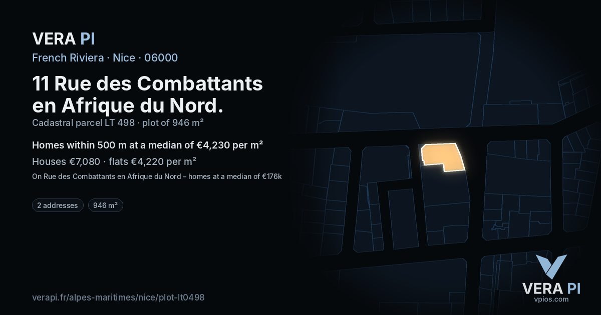 11 Rue des Combattants en Afrique du Nord, Nice at night – the plot lit, the parcels around coloured by the prices near them