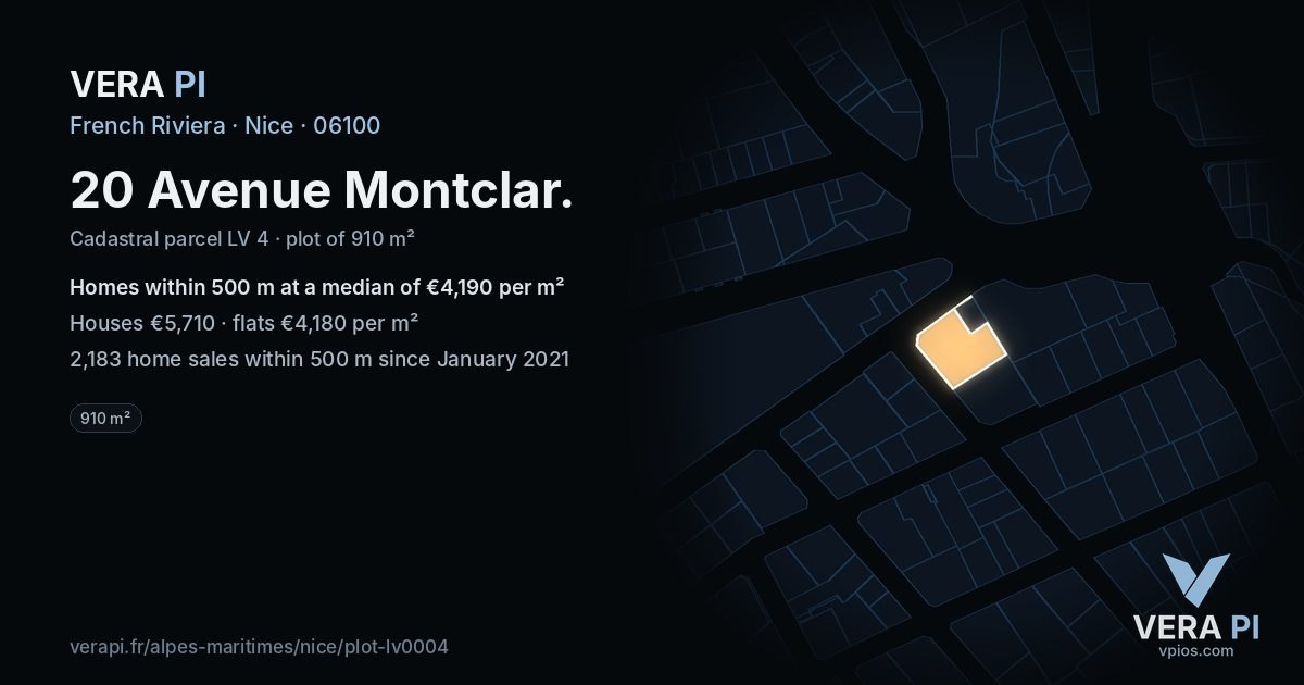 20 Avenue Montclar, Nice at night – the plot lit, the parcels around coloured by the prices near them