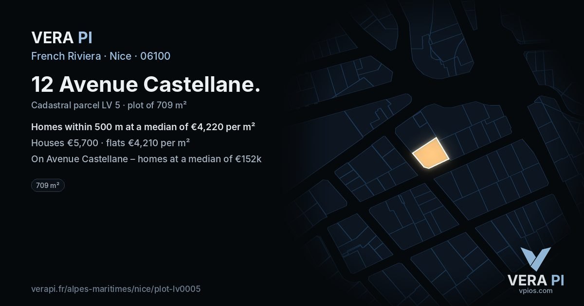 12 Avenue Castellane, Nice at night – the plot lit, the parcels around coloured by the prices near them
