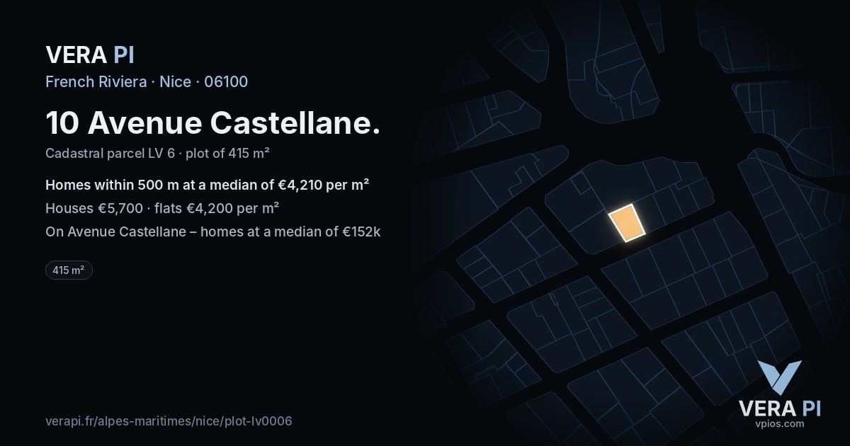10 Avenue Castellane, Nice at night – the plot lit, the parcels around coloured by the prices near them
