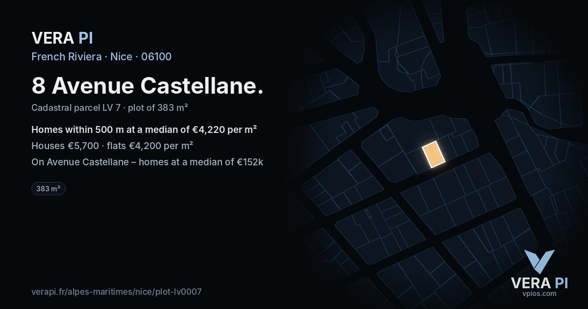 8 Avenue Castellane, Nice at night – the plot lit, the parcels around coloured by the prices near them