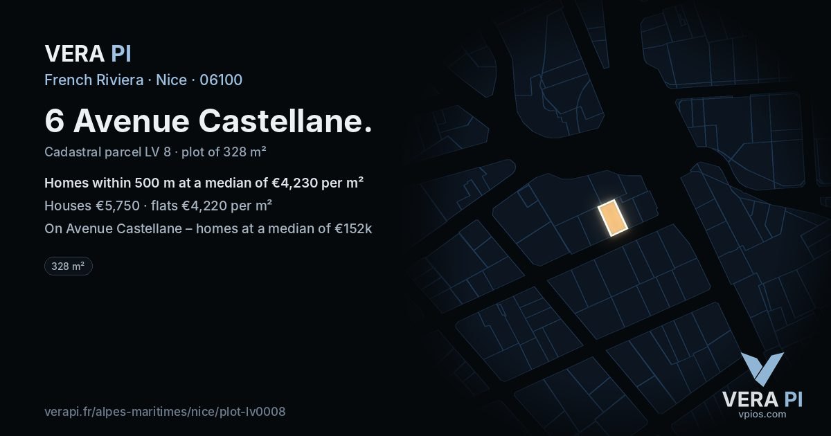6 Avenue Castellane, Nice at night – the plot lit, the parcels around coloured by the prices near them