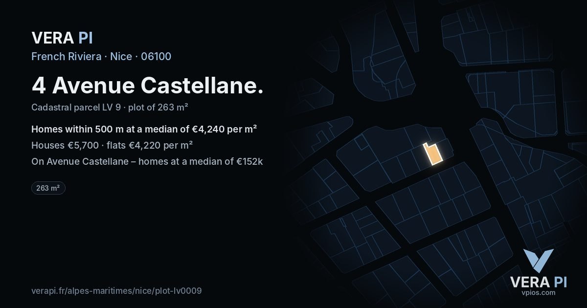 4 Avenue Castellane, Nice at night – the plot lit, the parcels around coloured by the prices near them