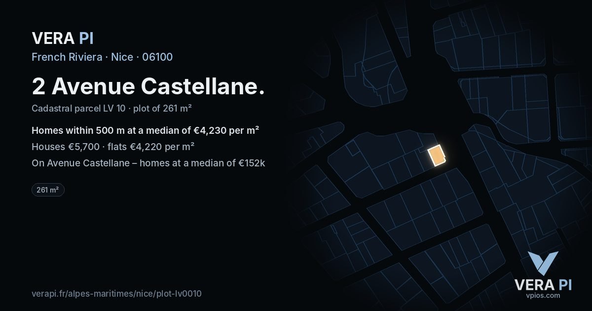 2 Avenue Castellane, Nice at night – the plot lit, the parcels around coloured by the prices near them