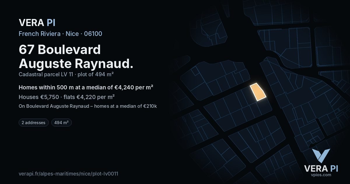 67 Boulevard Auguste Raynaud, Nice at night – the plot lit, the parcels around coloured by the prices near them
