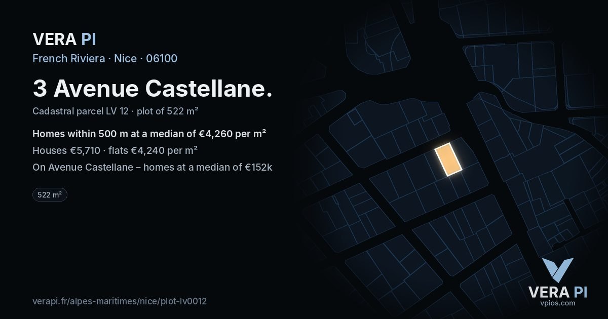 3 Avenue Castellane, Nice at night – the plot lit, the parcels around coloured by the prices near them