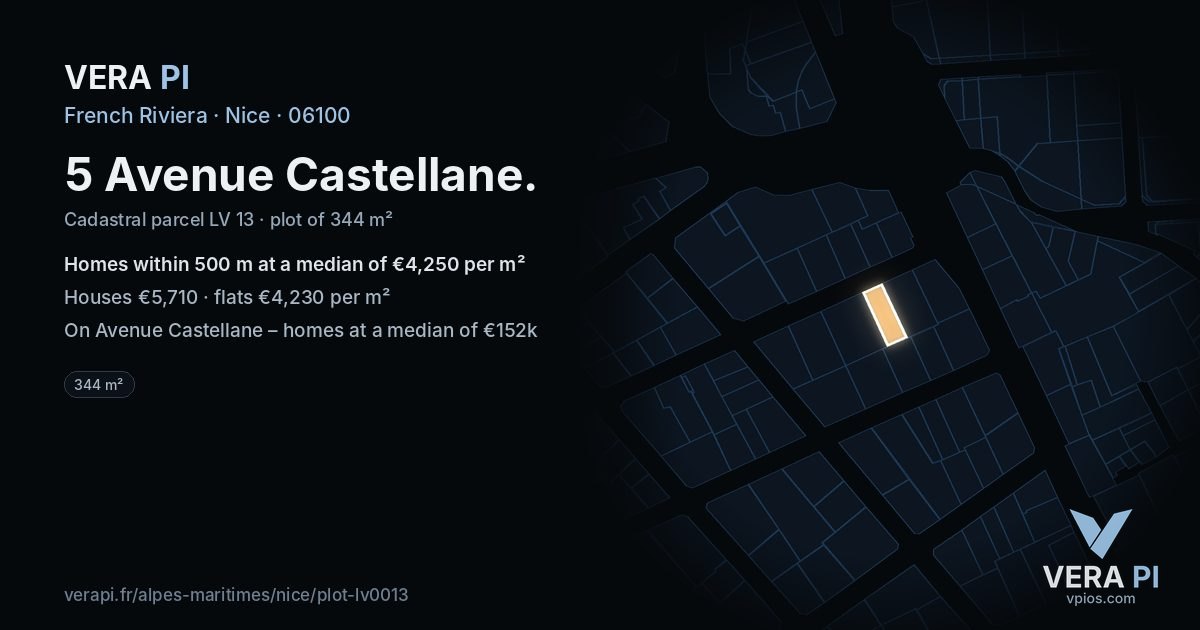 5 Avenue Castellane, Nice at night – the plot lit, the parcels around coloured by the prices near them