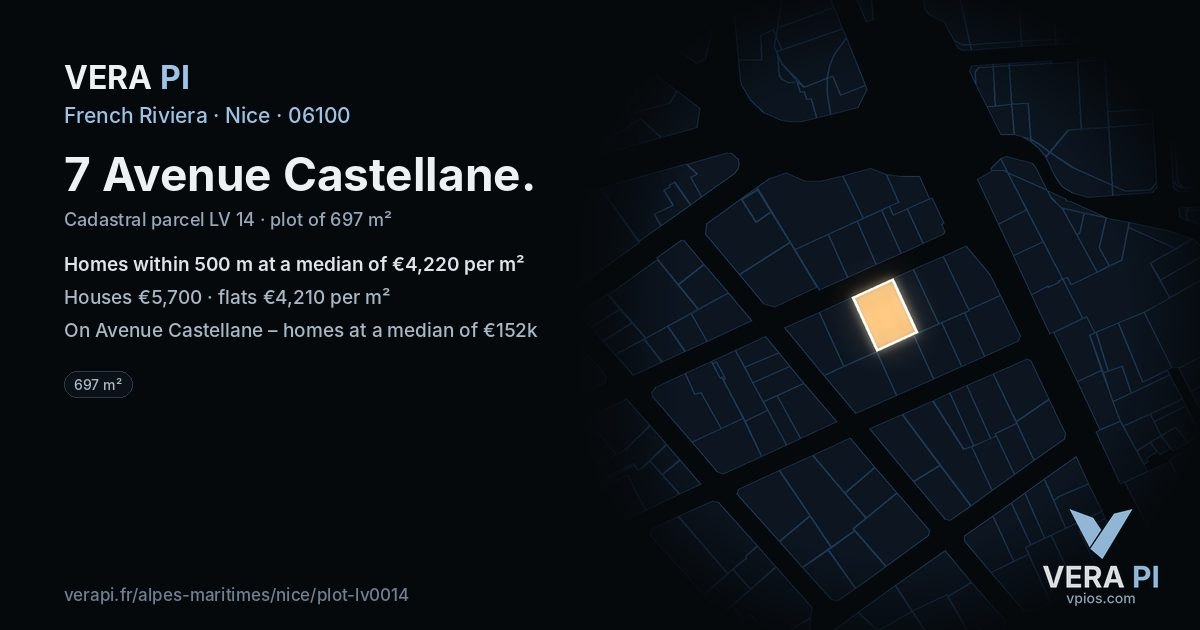 7 Avenue Castellane, Nice at night – the plot lit, the parcels around coloured by the prices near them