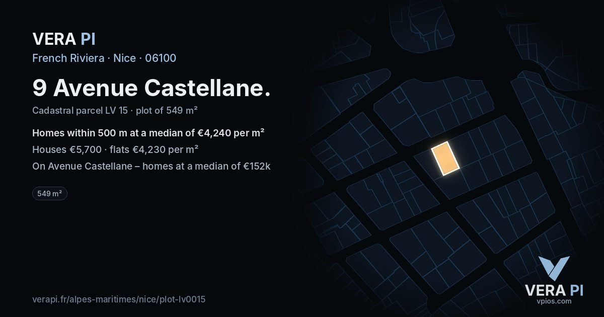 9 Avenue Castellane, Nice at night – the plot lit, the parcels around coloured by the prices near them