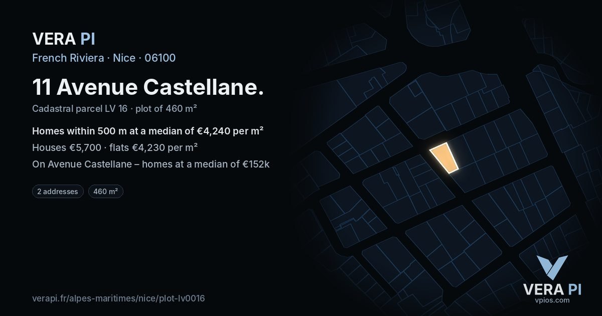 11 Avenue Castellane, Nice at night – the plot lit, the parcels around coloured by the prices near them