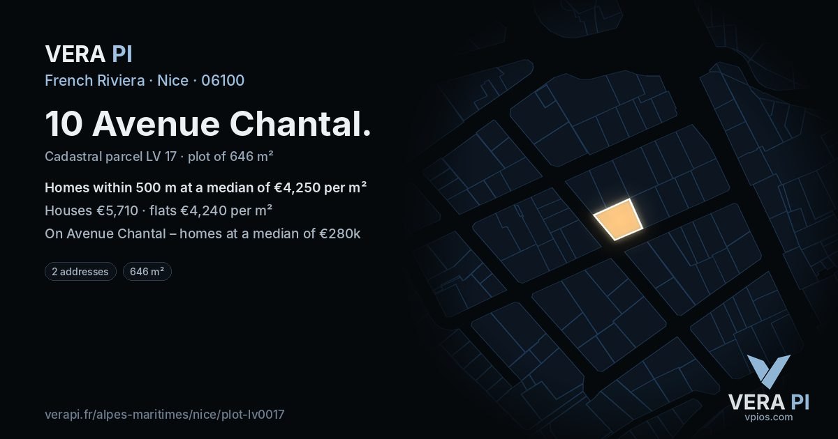 10 Avenue Chantal, Nice at night – the plot lit, the parcels around coloured by the prices near them