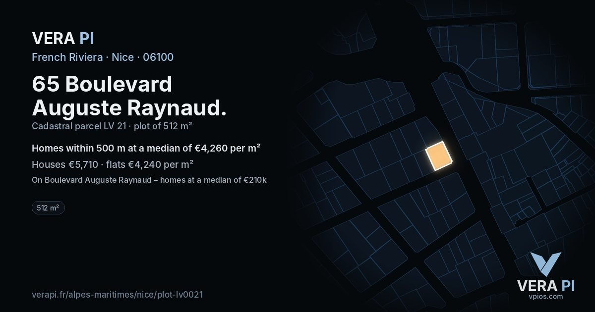65 Boulevard Auguste Raynaud, Nice at night – the plot lit, the parcels around coloured by the prices near them