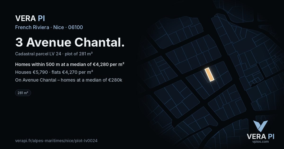 3 Avenue Chantal, Nice at night – the plot lit, the parcels around coloured by the prices near them