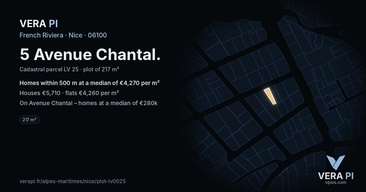5 Avenue Chantal, Nice at night – the plot lit, the parcels around coloured by the prices near them