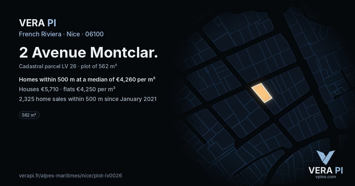 2 Avenue Montclar, Nice at night – the plot lit, the parcels around coloured by the prices near them