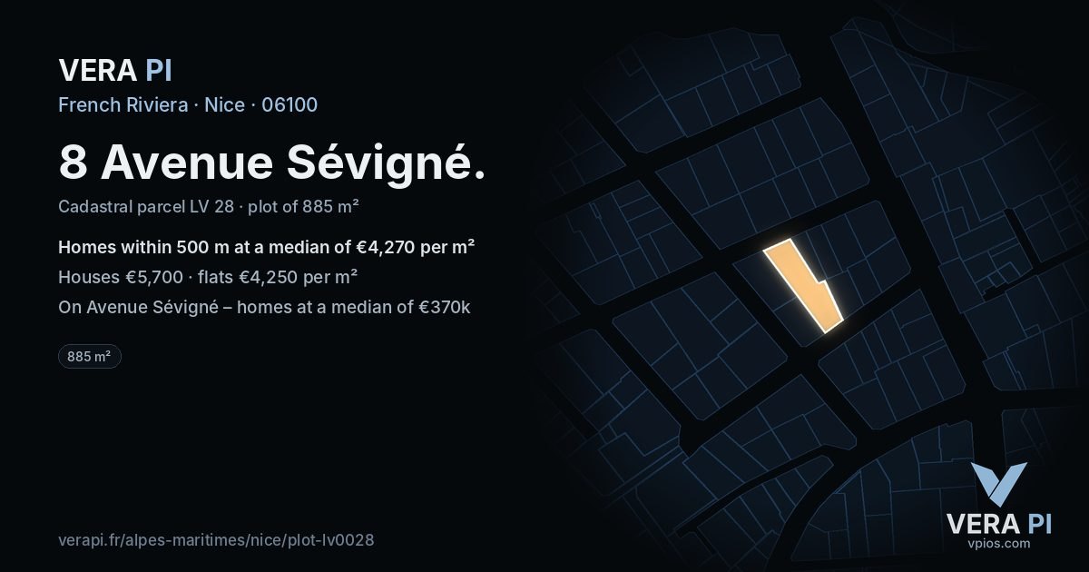 8 Avenue Sévigné, Nice at night – the plot lit, the parcels around coloured by the prices near them